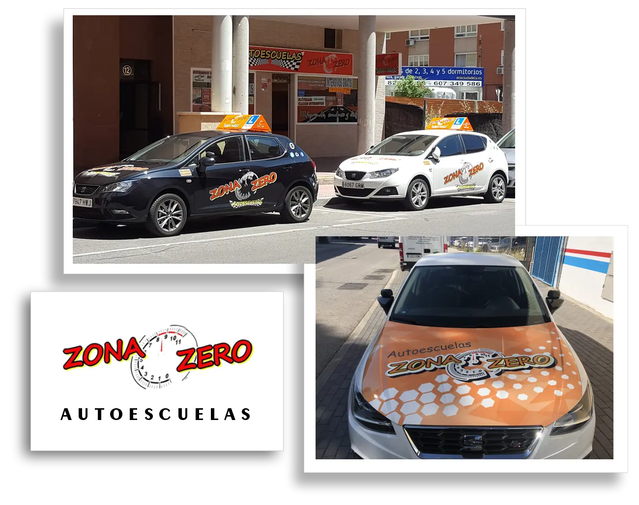 Es una imagen formada por tres imágenes. la primera de la fachada de la autoescula zona zero. abajo a la izquierda el logo de la autoescuela y por último la foto del coche de la autoescuela.